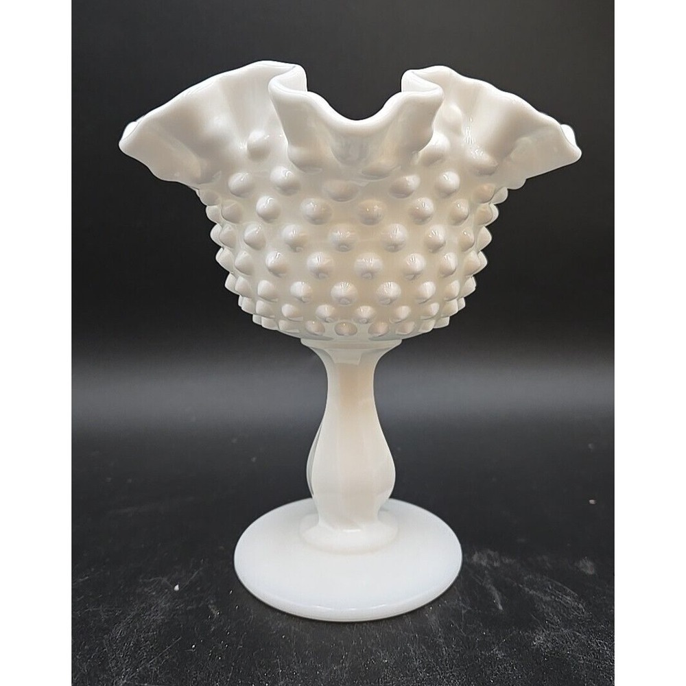 Vtg Milk Glass White Hobnail Crimped Rim Scalloped Twisted Pedestal Candy Dish